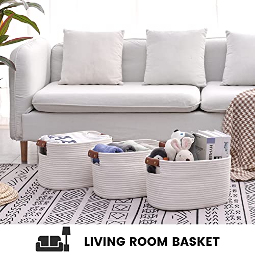 Woven Cotton Rope Storage Basket,Decorative Woven Basket,Decorative Baskets with Detachable Leather Handles for Closet Storage,Woven Baskets For Toy,Blanket - Image 4