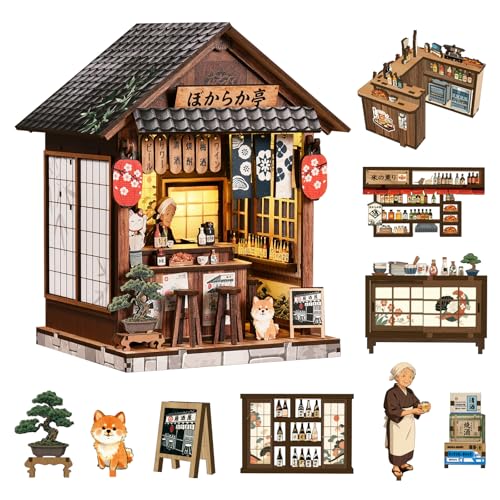 Hestremo Japanese Sakura Kimono Book Nook Kit 3D Wooden Puzzle DIY Miniature Dollhouse for Adults & Teens LED Light Bookshelf Insert Decor with Dust Cover Home Decoration for All Occasions(222 Pcs)
