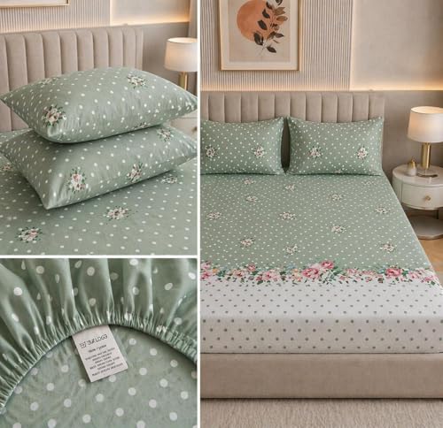 Image of Castiqa Elastic Fitted Supersoft Premium Polycotton 200TC Queen Size Bedsheets with 2 Pillow Covers (Fits Upto Mattress of 8Inches) (Queen (60x78), Green Floral)