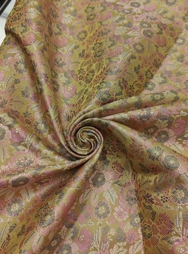 Brocart de satin de soie jaune moutarde tissu jacquard floral au mètre