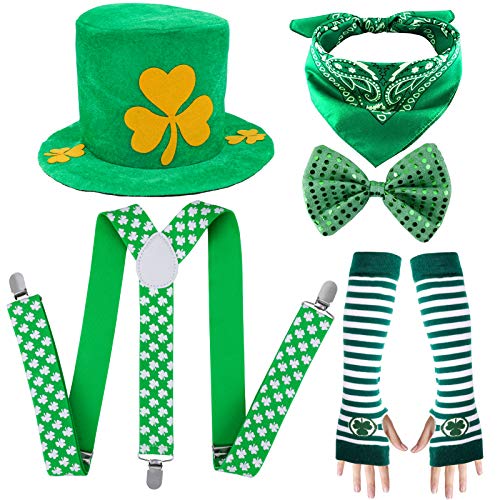 Qpout Accessoires de Costume de la Saint-Patrick, Chapeau de trèfle de Lutin, Bretelle, Gants de Bras rayés, nœud Papillon Vert et écharpe carrée, pour Enfants...