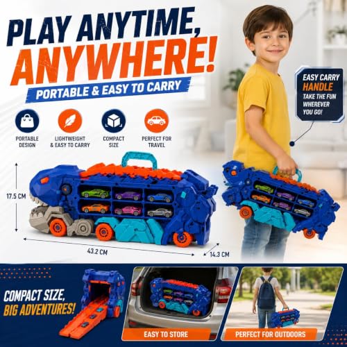 Image of TEC TAVAKKAL Big Hauler Storage & Transform Transport Truck Toy for Kids |3-in-1 Carrier Truck with 2 Foldable Ejection Race Tracks & Die-Cast Cars |61 Inch Dual Racing Track |Educational Toy (Dino)