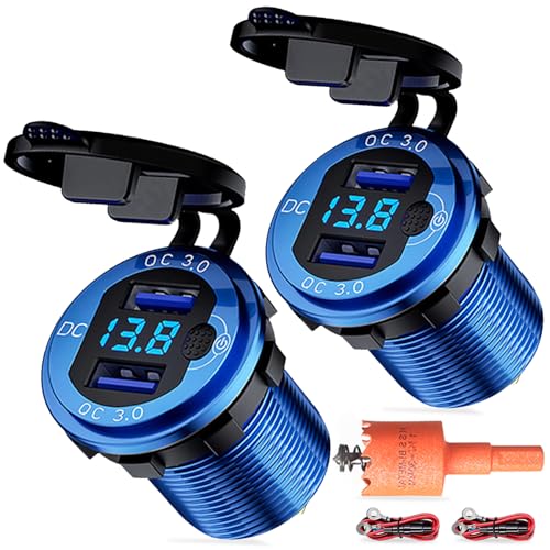 12V-24V USB Charger, Dual Port QC 3.0 Fast Charging, All Metal Body, Non-Slip Button Switch, Waterproof & Dustproof, Suitable for Vehicles, Motorcycles, Boats (2 Pcs USB Charger +1 Pcs Hole Saw)