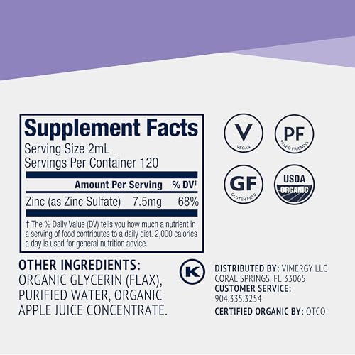 Image of VIMERGY USDA Organic Zinc Supplements for Women & Men (7.5mg Liquid Zinc Per Serving) Fast-Absorbing Immune Support, Promotes Healthy Bones & Skin, Vegan, Up to 120 Servings (240mL)