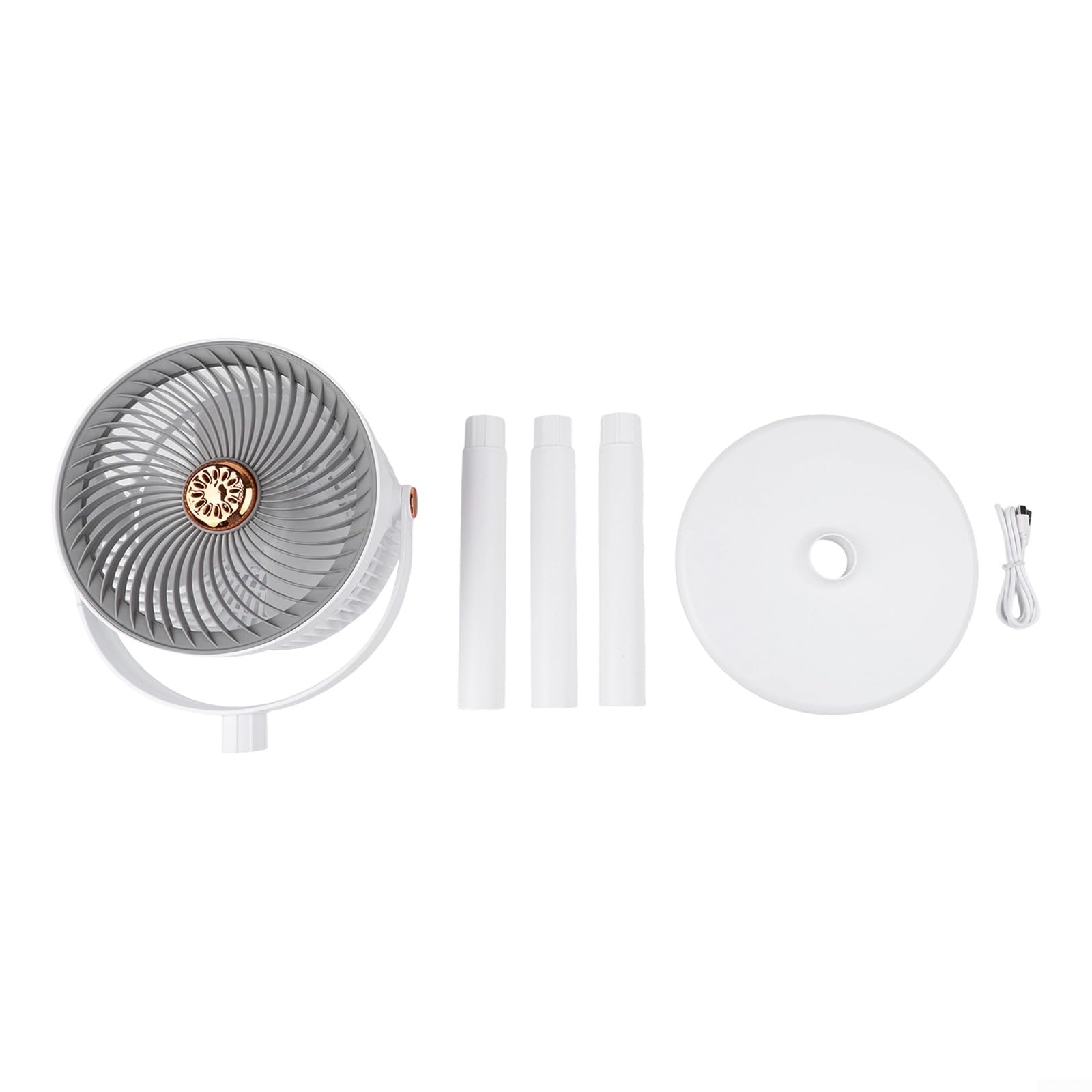 Ventilatore oscillante a 360°, funzionamento silenzioso, 20 dB, motore CC a 5 velocità, 4000 mAh, altezza regolabile e aromaterapia, per casa e ufficio (grigio bianco)