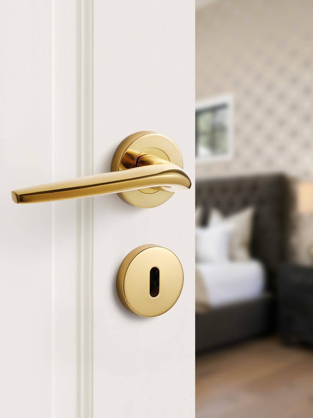 SORWDUERM Gold Door Handle Set Matte Brushed Stainless Steel Door Lever for Front Door and Interior Door L Shape Round Rosette,BB - Image 4
