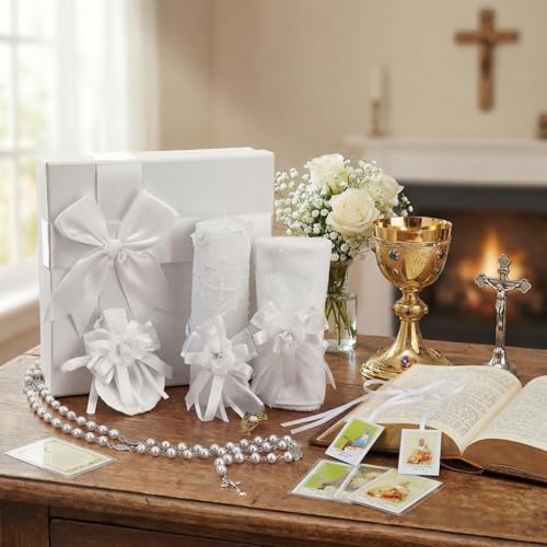 Liliful 7 Pcs White Baptism Candle Set Catholic Baptismal Candle Towel Rosary Necklace Shell Pin Pendant Christening Gift for Godparent Guest Favor Decoration First Holy Communion Gift(Classic White)
