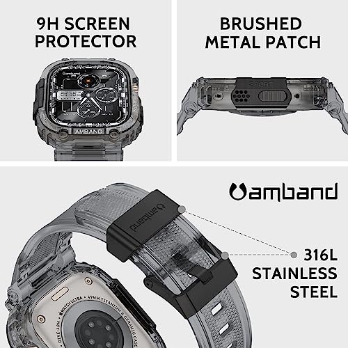 Image of amBand Bands Case Screen Protector Compatible with Apple Watch Ultra 3 /2 /1 49mm, M1 Sport Series Rugged Cover Strap and 9H Tempered Glass Film, Protective Bumper for iWatch 49 mm Men Crystal Black