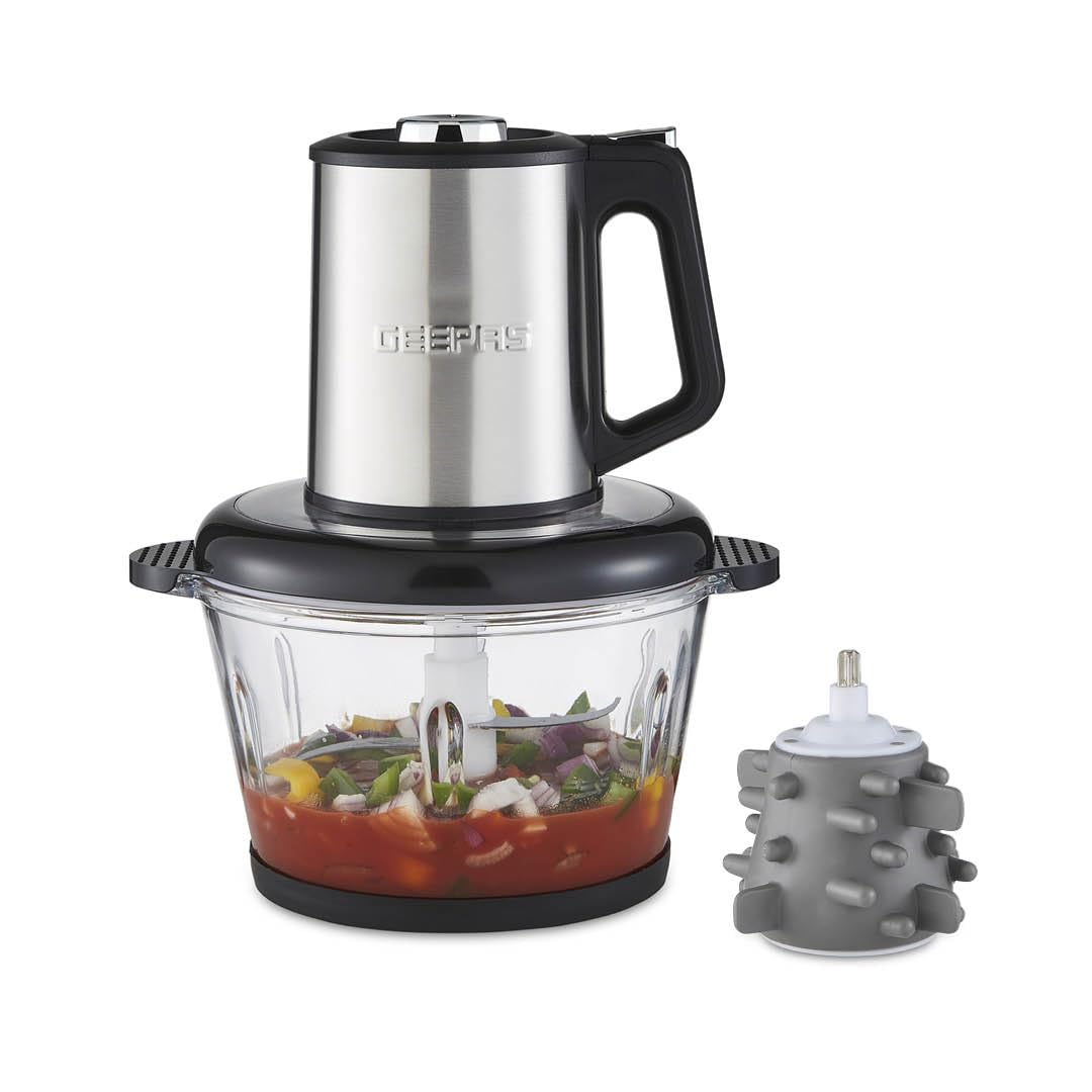 GEEPAS Mini Food Processor, 2L Glass Chopper Bowl Garlic Peeler 500W Silver