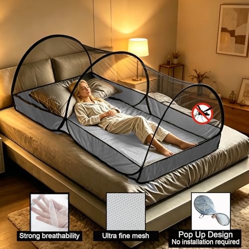 Image of CMINGJ Portable Mosquito Net Foldable Pop-Up Travel Mosquito Net for Bed Free Installation-Suitable for Baby Adults Bedroom, Camping, nap, Patio with Bottom Zipper Large (Black net)