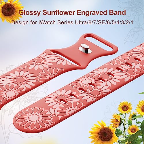 Image of Sunflower Engraved Band Compatible with Apple Watch Bands 38mm 40mm 41mm 42mm 44mm 45mm 49mm Women, Designer Soft Glossy Floral Silicone Strap for iWatch Series Ultra 11 10 9 8 7 6 SE 5 4 3 2 1