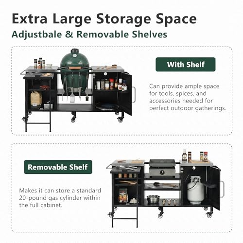 Image of Merax 72.4 inch Large Grill Table for Large Big Green Egg, Metal Outdoor Grill Cart with Fold-Out Prep Table, Adjustable Shelves, Spice Rack, Outdoor Kitchen Island for Big Green Egg, Kamado Joe Classic