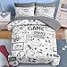 Nesker 7 Pcs Comforter Set Full Size, Computer Games Doodles Bedding for Kids Teen, Gamer Gaming Black with Fitted Sheet 2 Pillowcases & 2 Shams for Bedroom Bed Decor