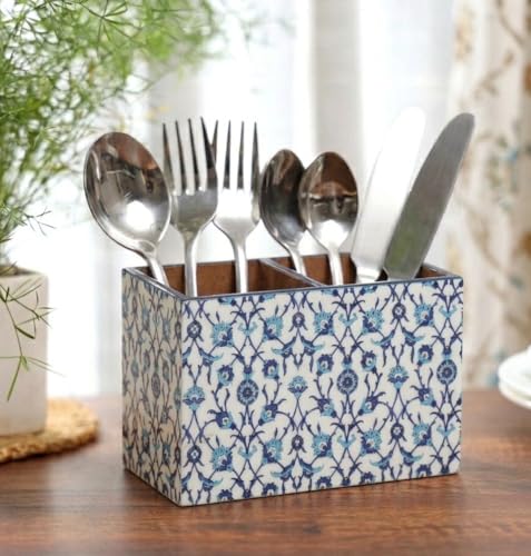Image of DULI Multipurpose Stand, Cutlery Holder, Spoon Stand, Table Organizer with 2 Sections, Chammach Stand (10cm x 15cm) (BlueMoroccan) Engineered Wood,Utensils