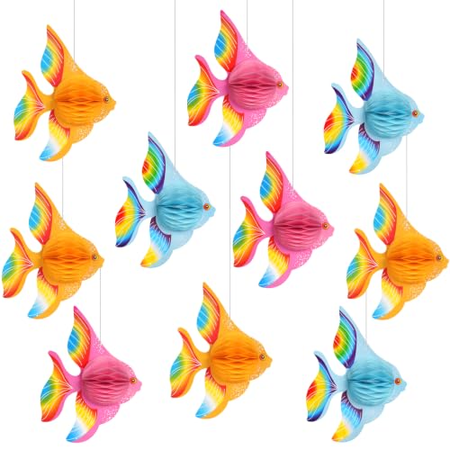 Image of GuassLee 10pcs Tissue Fish Honeycomb Decoration with Magnets - 10 inch Tropical Party Decoration for Fish /Under The Sea /Mermaid /Ocean /Beach Themed Birthday Party Luau Decor