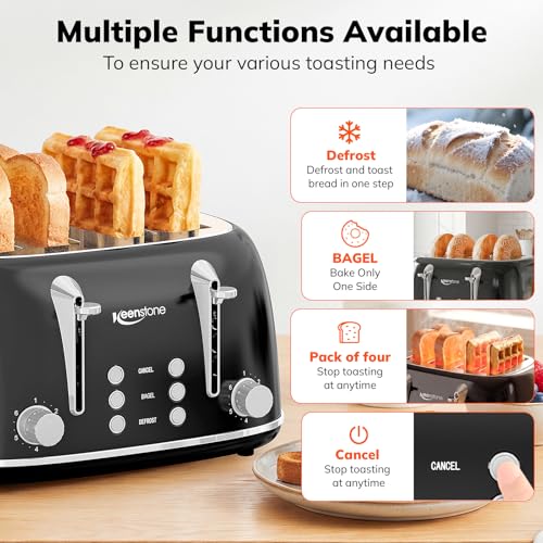 Image of Keenstone Toaster 4 Slice, Retro Stainless Steel Wide Slot Toaster with Dual Independent Controls, 6 Browning Levels, Bagel, Defrost, Reheat & Cancel, Removable Crumb Tray, Black