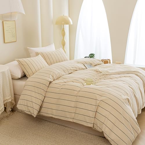 Image of ECOCOTT Striped Duvet Cover Queen Size, 100% Washed Cotton Linen Feel Comforter Cover, 3PCS Vertical Stripe Bedding Set with Zipper Closure & Corner Ties