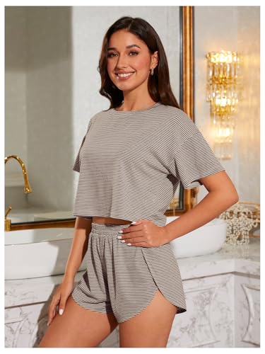 Image of OYOANGLE 2 Pack Pajama for Woman Set Summer Cute PJ Sets Striped Short Sleeve Tshirt and Split Shorts Lounge Set