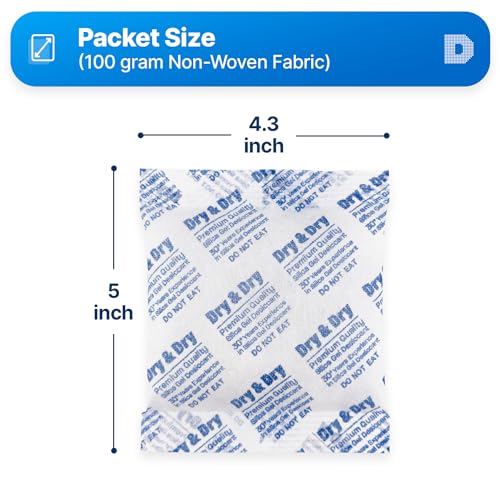 Image of Dry & Dry 100 Gram [100 Packets] Silica Gel Packets Desiccants, Silica Packets - Rechargeable Moisture Absorbers for Food Storage, Electronics, 3D Filament & Safes