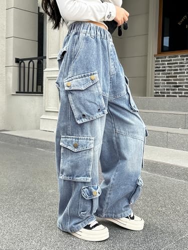 Image of Rolanko Girls Cargo Pants Baggy Y2K Cargo Trousers Jeans Wide Leg Pants with Multi Pockets 4-15 Years