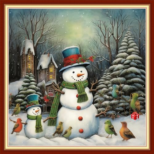Image of Disxvivy Cross Stitch Stamped Full Embroidery Kits DIY 11CT Cotton Thread Printed DIY Needlepoint Kits Craft Needlework Set Cross-Stitch Stamped Sets-Snowman Snowy Scenery 18x18 inch