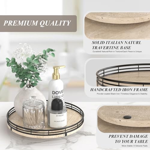 Image of Italian Natural Travertine Lazy Susan Turntable for Table Top - 10 inch Round Marble Tray Organizer for Bathroom, Vanity, Dining Table, Kitchen Countertop & Bar, Luxury Stone Serving Tray with Black Frame