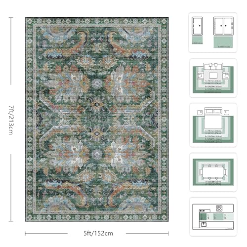 Yarooge 5x7 Area Rugs, Vintage Retro Soft Washable Rug, Non-Slip Low Pile Rugs for Living Room, Bedroom, Dining Room, Stain Resistant Home Decor Rug (Green) — view 2