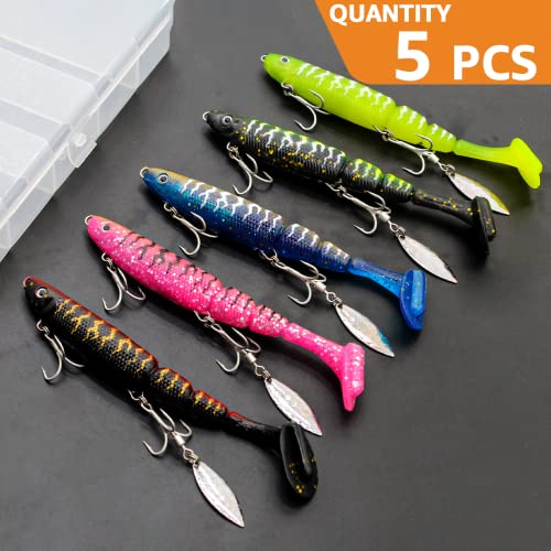 Ghanneey 5Pcs Fishing Soft Lures Fishing Jigs Head With Treble Hooks And Spinner Blade For Saltwater Freshwater Tuna, Grouper, Snapper, Bass, Salmon #TOP2