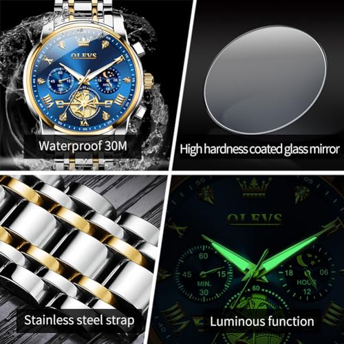 OLEVS Watch for Men Skeleton Analog Quartz Chronograph Diamond Watches Stainless Steel Moon Phase Calendar Waterproof Wrist Watch (Image - 6)