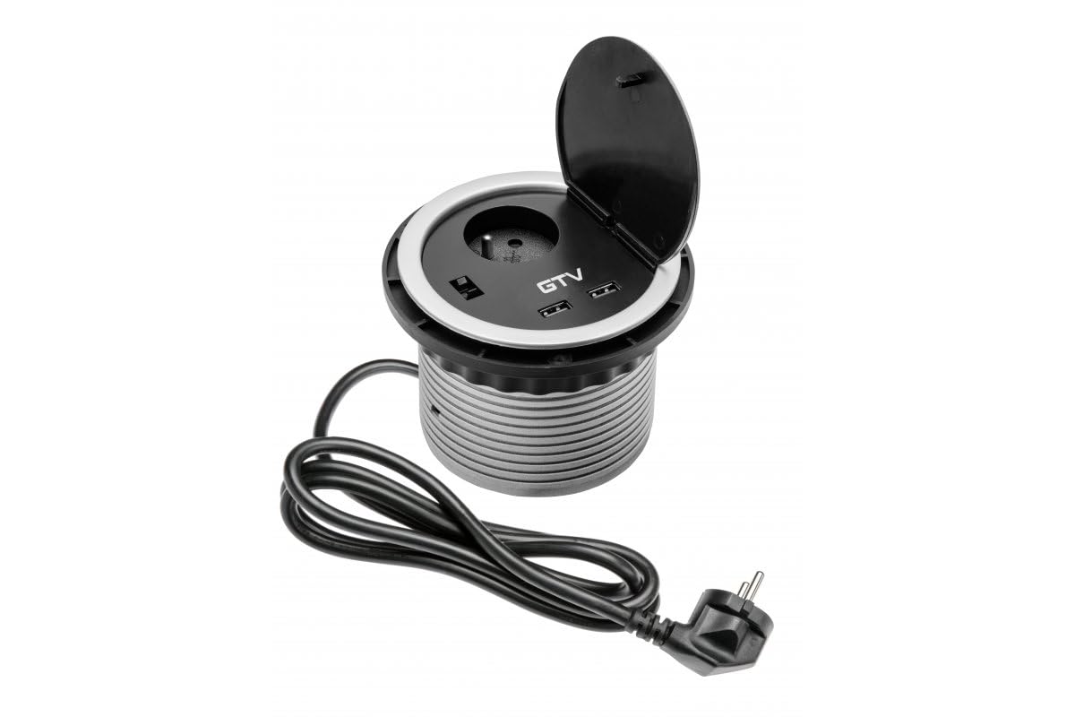 GTV Charger gniazdko elektryczne do zabudowy, 1 x Schuko z uziemieniem, USB 5 V 2 A, z przedłużeniem kabla – praktyczne i elastyczne gniazdko do domu i biura