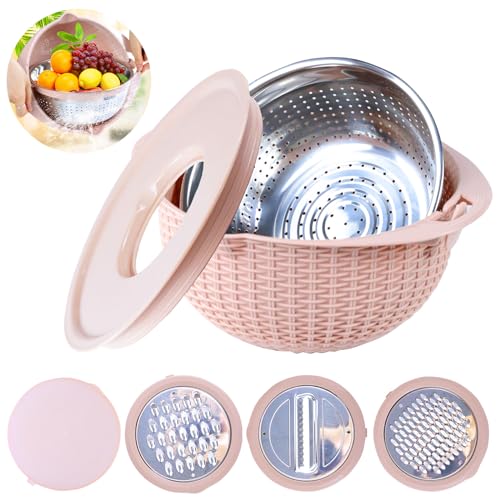 4 en 1 Cesta de Drenaje Multifuncional,Incluye 1 escurridor,1 bol para mezclar,4 Utensilios de cocina,Colador de Cocina para Lavar,Cortar y Amasar,Coladores de Alimentos para Limpiar Frutas