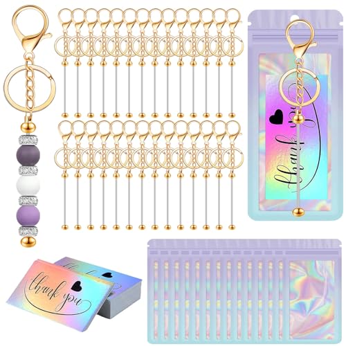 Image of 42 /84 /126 Pcs Beadable Keychain Bars Bulk Blank DIY Beaded Keychain Making Supplies with Bag Thank You Card