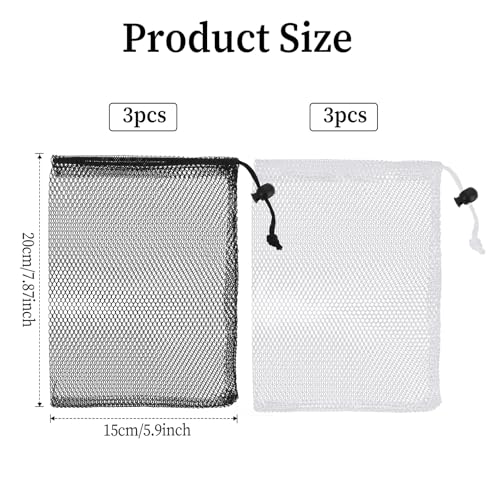 6PCS Small Mesh Drawstring Bags, 7.87 × 5.9 Inch Nylon Mesh Bag, Mesh Bags with Cord Lock, Net Bag for Travel Goods, Storage Bags (3 Black 3 White)2
