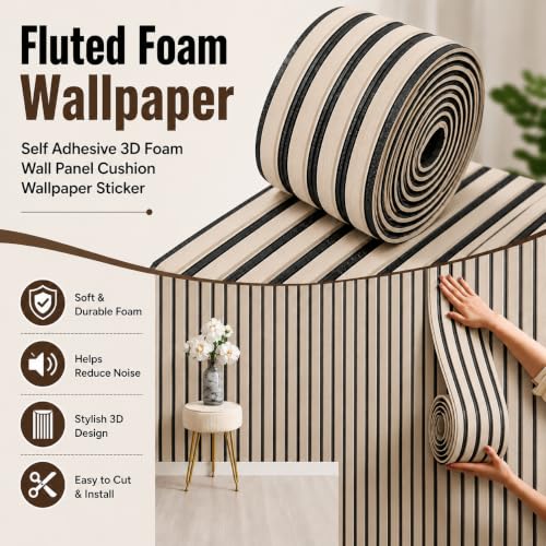 Image of Self Adhesive 3D Wooden Fluted Foam Wall Panel Roll 2.78M x 16CM x 1.5CM, Waterproof Peel Stick Wall Cladding for Living Room, Bedroom, TV Background Office Cover.