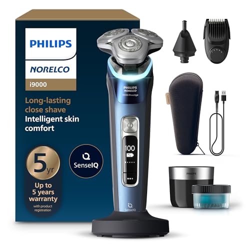 Image of Philips Norelco Shaver i9000 Prestige, Wet & Dry Electric Shaver, Mystic Aqua, SenseIQ Technology, Triple Lift & Cut System, 360 Rotating Dual SteelPrecision Blades, Nose Trimmer, XP9201 /88