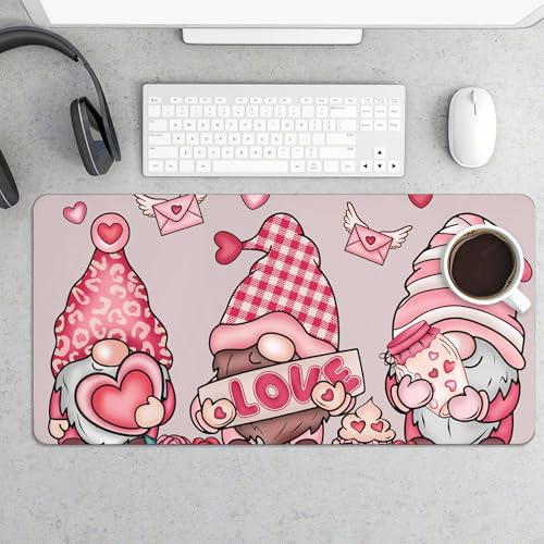 Image of Valentine Pink Gnome Extended Gaming Mouse Pad, with Stitched Edges Large Mouse Pad Desk Protector, Rubber Base Mousepad Keyboard Mouses Mat for Work Game Office Home 32 inchX16 inch,E107