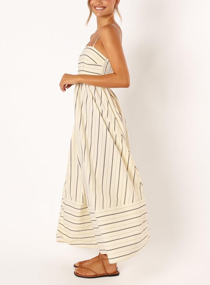 Image of Women Striped Maxi Dress Smocked Backless Spaghetti Strap Long Flowy Dress Sleeveless Boho Aline Sundress