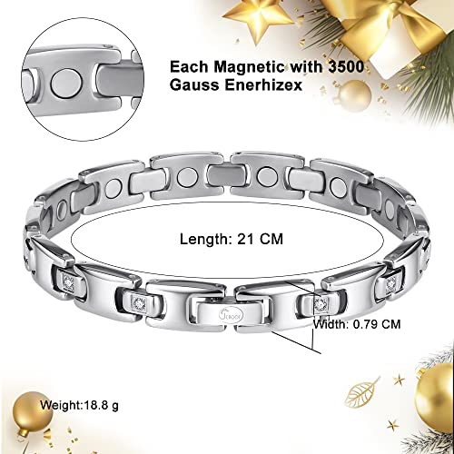 Image of JEROOT Titanium Magnetic Bracelet for Women, Adjustable Size, 3500 Gauss Magnets, Cubic Zirconia, Gift Box Included Silver (3500 Gauss)