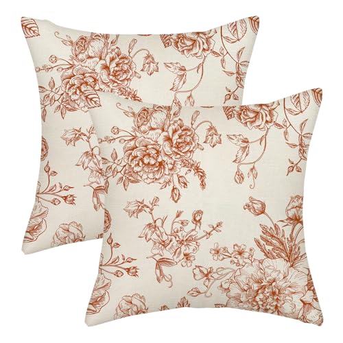 AGAYNA Spring Pillow Covers 18x18 Burnt Orange Chinoiserie Floral Decor Throw Pillows Case for Couch Fall Flower Seasonal Pillowcase Outdoor Decorative Cushion Case for Sofa Decorations Set of 2