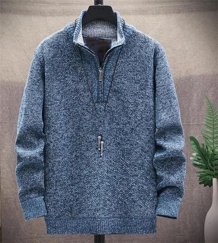 Mens Winter Fleece Pullovers Quarter-Zip Knitted Sweater Black Long Sleeve Warm Stand Collar Sweater4