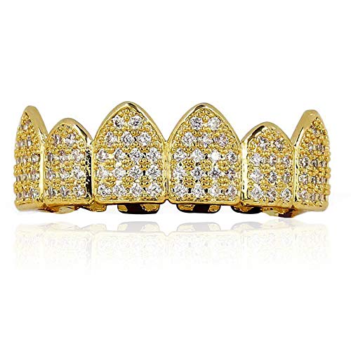 JINAO 18K Gold Plated Top Mouth Grill Teeth Macro Pave CZ Iced Out Diamond Grillz for Men Women with Extra Molding Bars Included (Gold top)