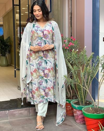 Image of GoSriKi Women's Cotton Blend Straight Printed Kurta with Pant & Dupatta