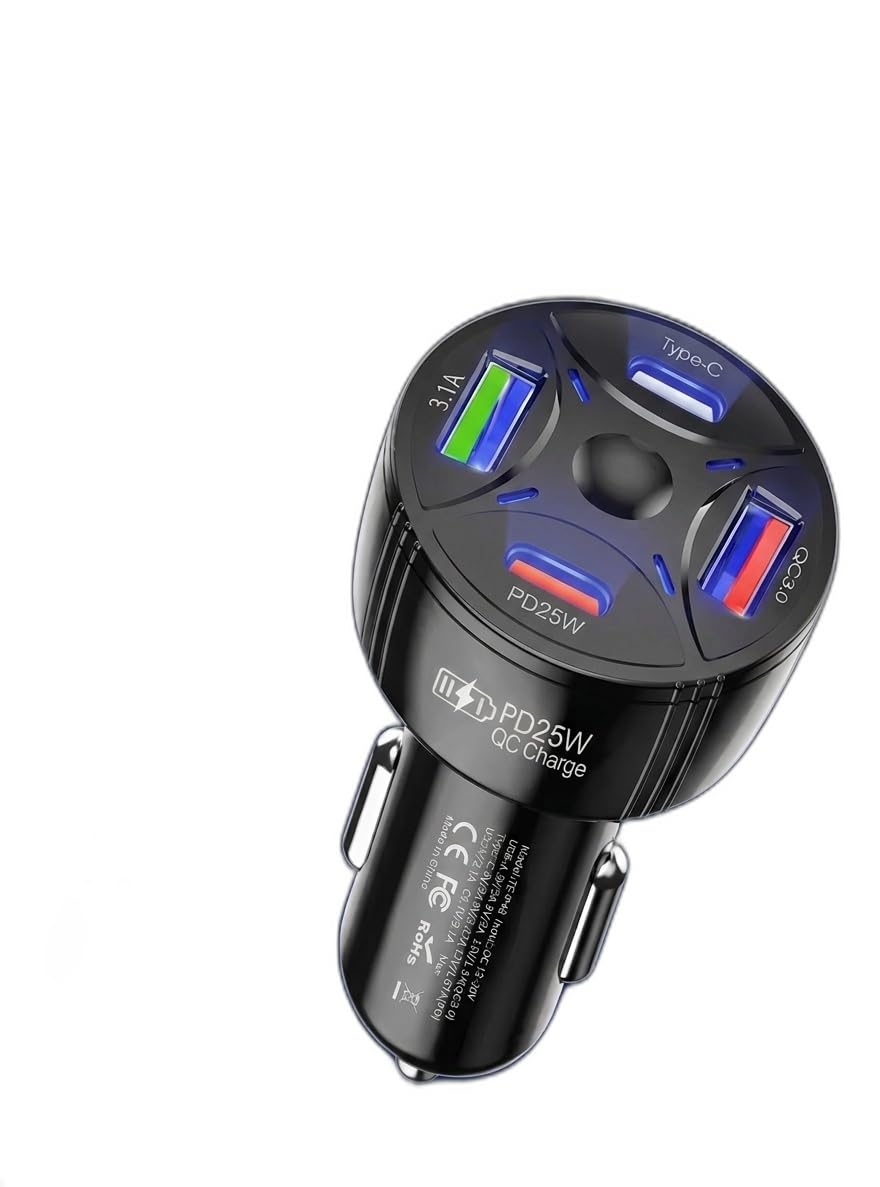 Super Şarj 4 Port PD25W, QC3.0, Araç Şarjı Çakmaklık, 2x Usb 2x Type-C, Çoklayıcı, 12-24V, 5V/6A Max,