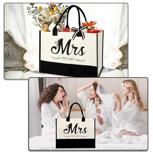 Image of Mrs 2026 Bride Canvas Tote Bag,Bridal Shower Gift,Bachelorette Party Favors | Large Capacity,Easy to Clean and Reusable, Waterproof Coating, Bride to be Gift Bag, Bride Gifts for Wedding Day, Mrs Bag