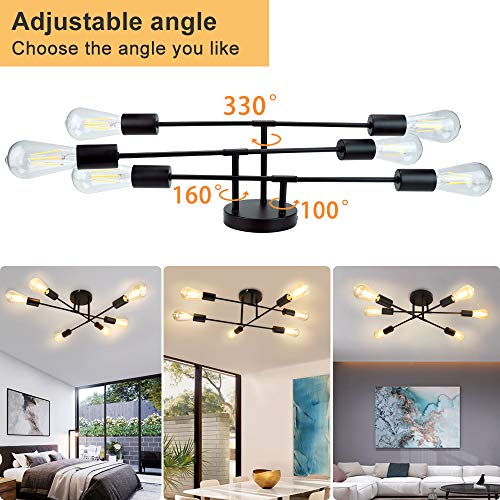 Depuley 6-Light Vintage Sputnik Chandelier, Modern Adjustable Arm Semi Flush Mount Ceiling Light, Industrial Kitchen Lamp Fixture, Pendant Lighting For Dining Room, Living Room, Foyer, Black, E26 Base #TOP3