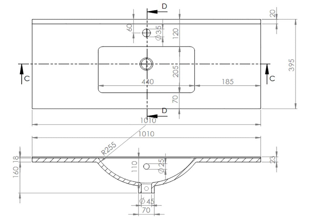 Lavabo Encimera Cerámico Blanco | Pila Lavamanos Rectangular 101x40 cm con Seno Centrado | Instalación Sobre Encimera, Compatible con Mueble de Baño 100x39 cm | FONDO REDUCIDO 40