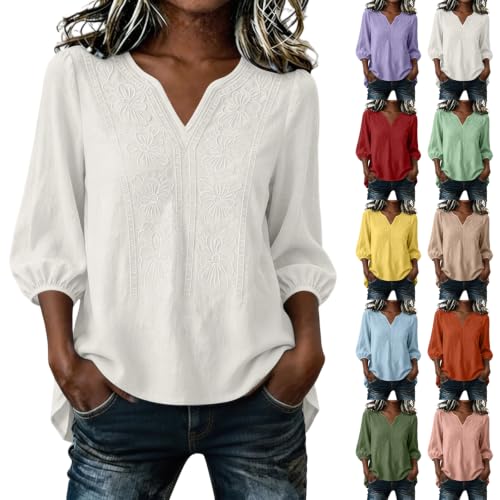 Embroidered Tops for Women 3/4 Sleeve Cotton Linen Shirt Boho V-Neck Blouse - image 1
