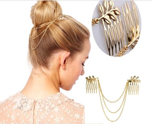 Fashion BOHO Golden Fringe Tassel Metal Chain Layer Leaf Leaves Hair 2 Tuck Comb Wrap Cuff Clip Pin Hairpin Hairband Hea
