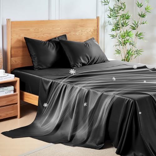 MR&HM King Size Sheets Set, 4-Piece Cooling Sheets, Rayon Derived from Bamboo & Polyester Blend, Soft & Silky, 15" Deep Pockets with Elastic Straps, Hotel Luxury for Hot Sleepers, Black