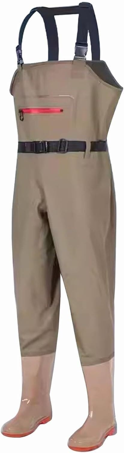 Wodoodporne spodniobuty z PVC, wodoodporne spodnie do brodzenia, buty do brodzenia dla mężczyzn i kobiet, z regulowanymi paskami(Khaki,5)